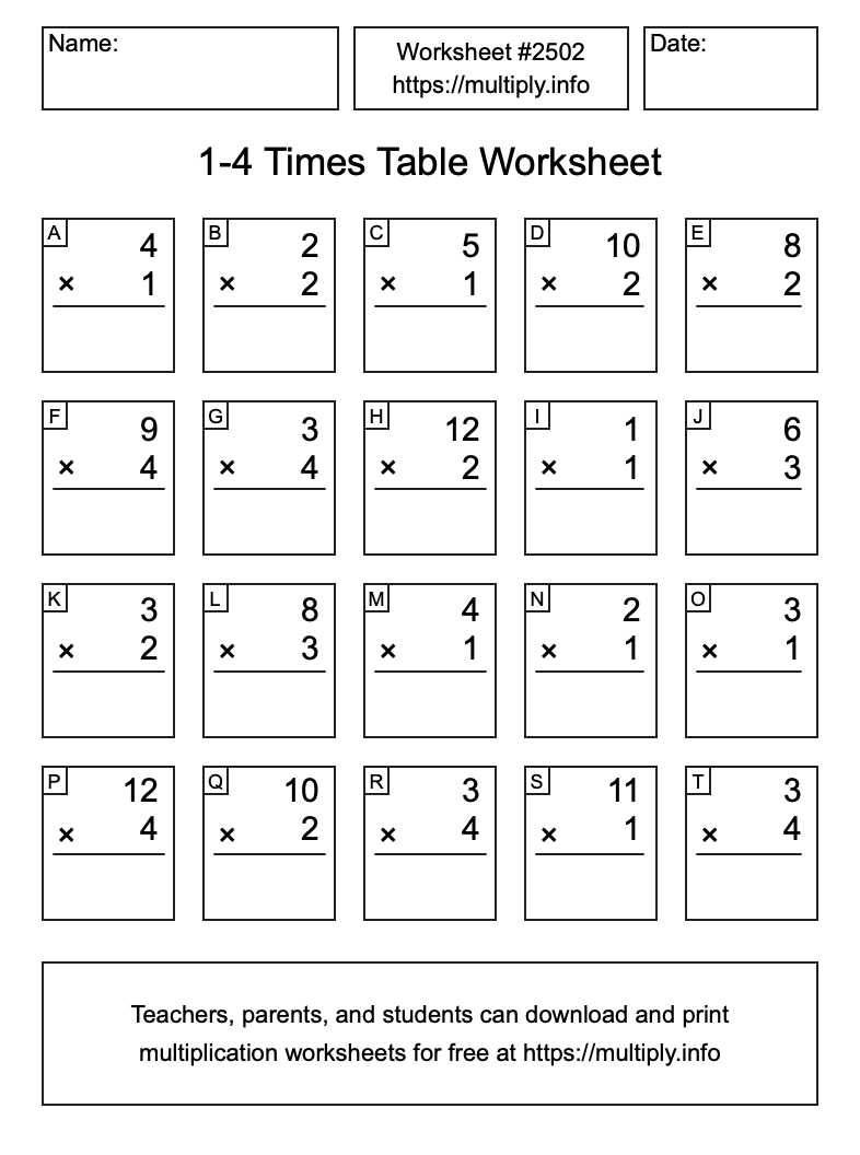 1 to 4 Times Table Worksheet #2502