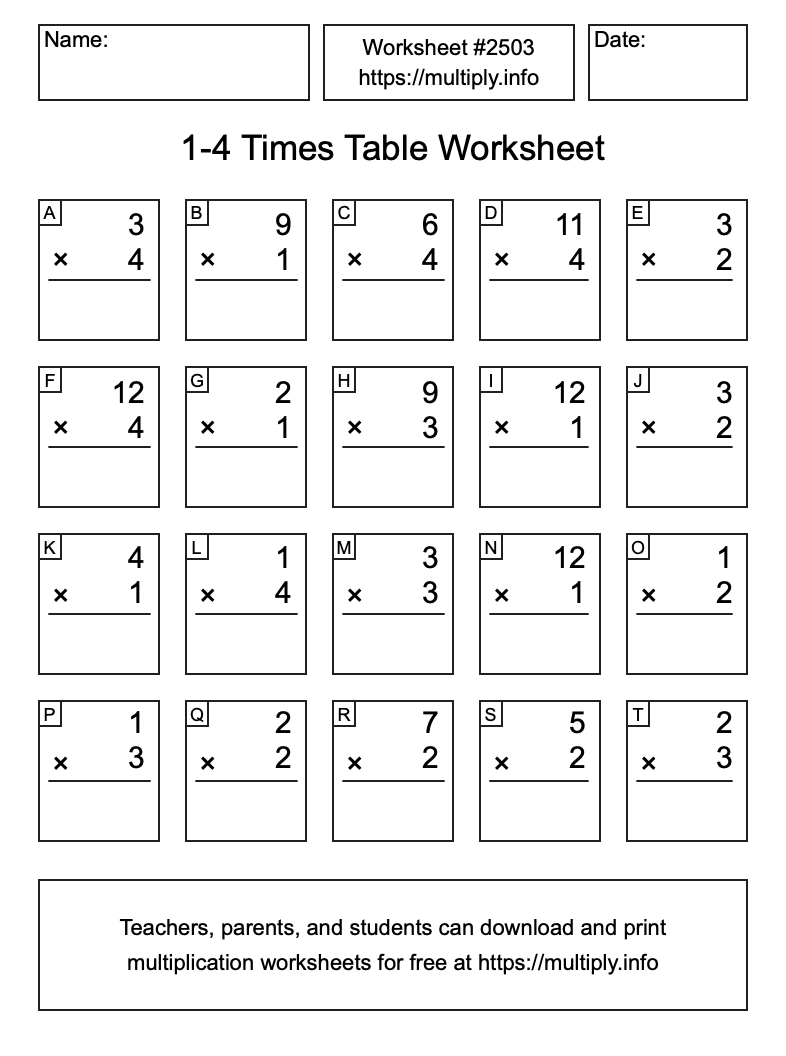 1 to 4 Times Table Worksheet #2503