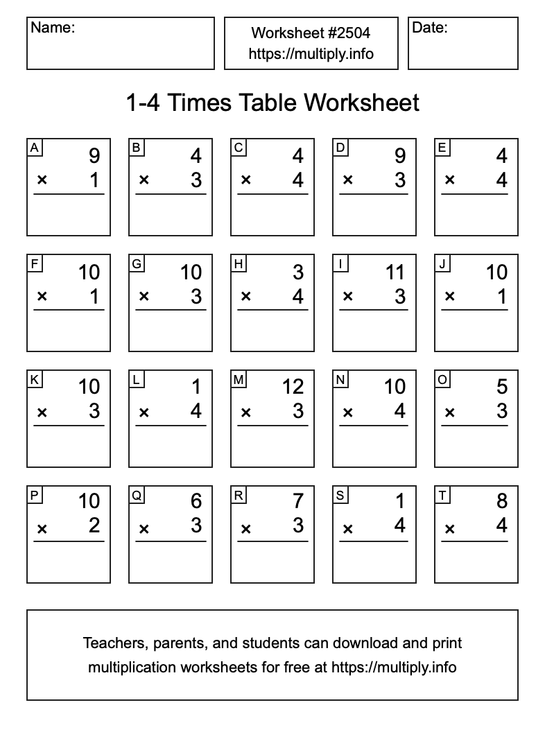 1 to 4 Times Table Worksheet #2504