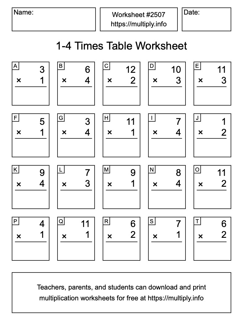 1 to 4 Times Table Worksheet #2507