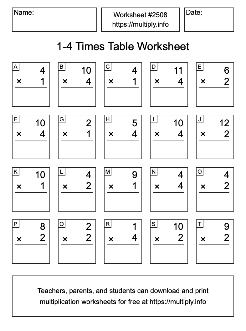 1 to 4 Times Table Worksheet #2508