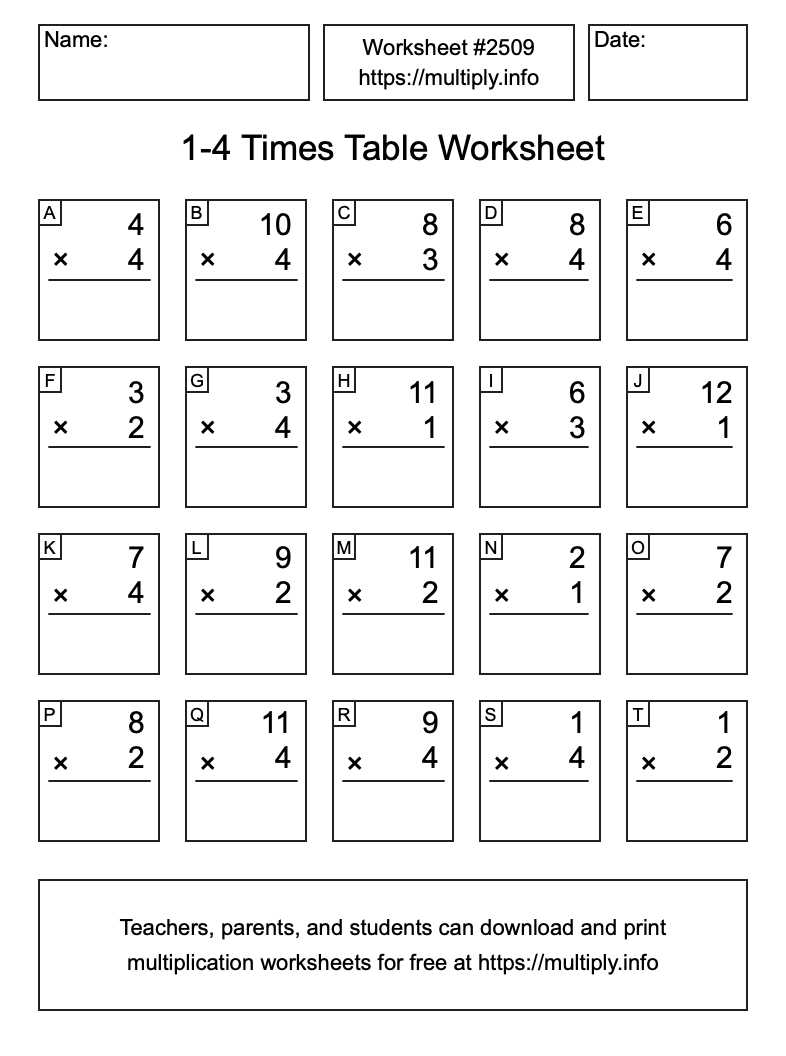 1 to 4 Times Table Worksheet #2509