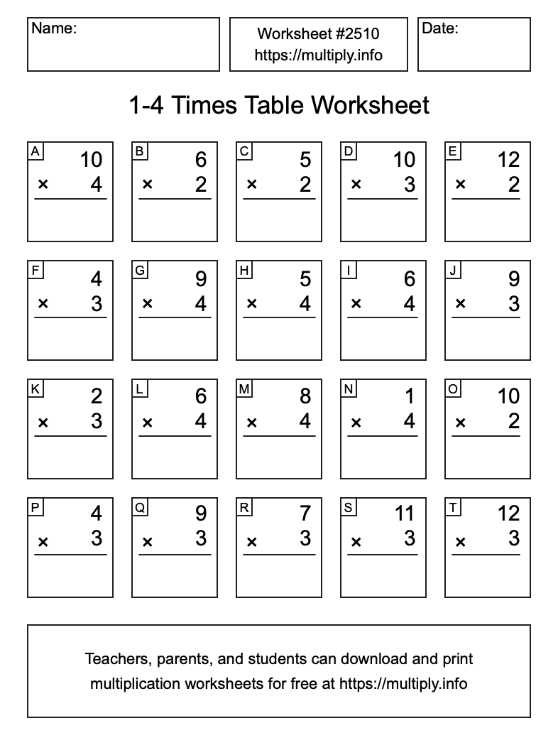 1 to 4 Times Table Worksheet #2510