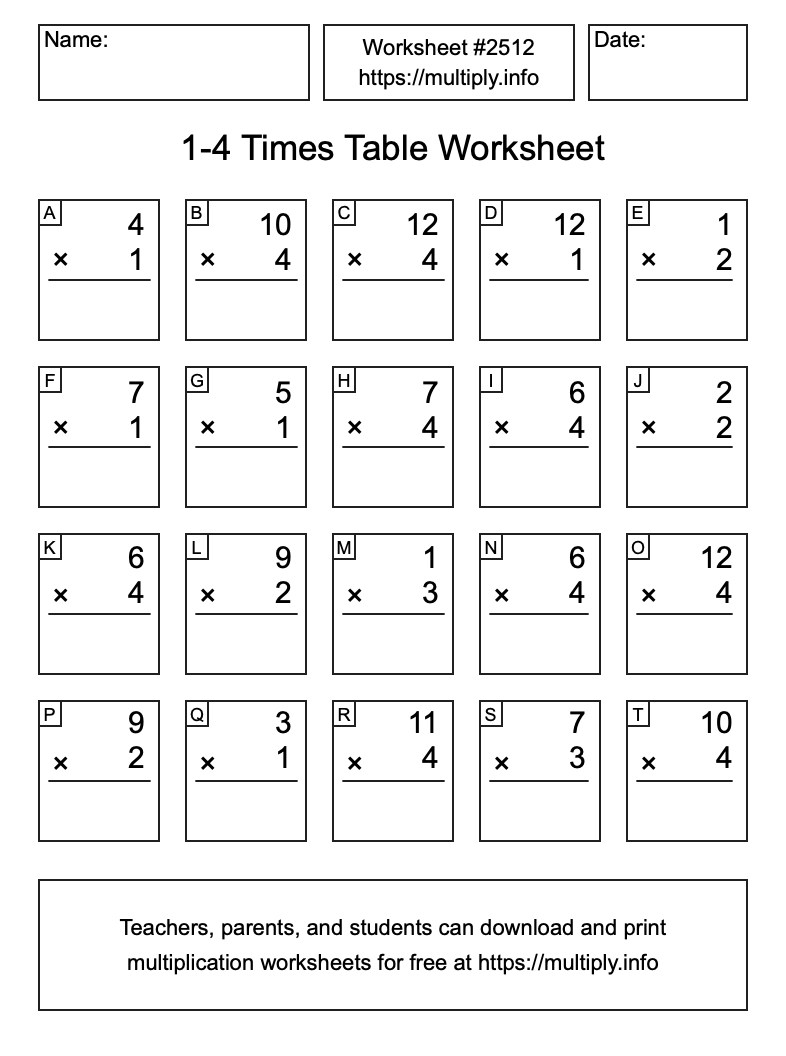 1 to 4 Times Table Worksheet #2512