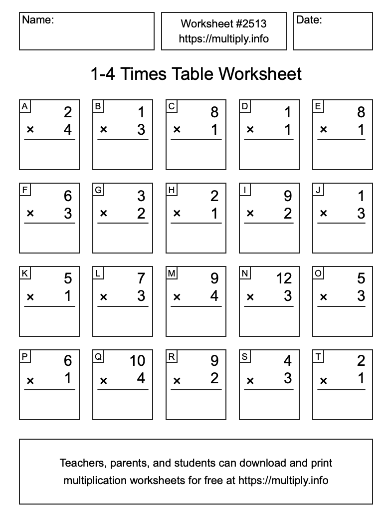 1 to 4 Times Table Worksheet #2513