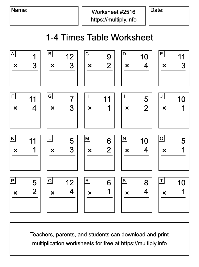 1 to 4 Times Table Worksheet #2516