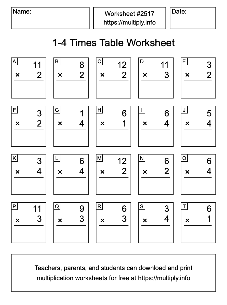 1 to 4 Times Table Worksheet #2517