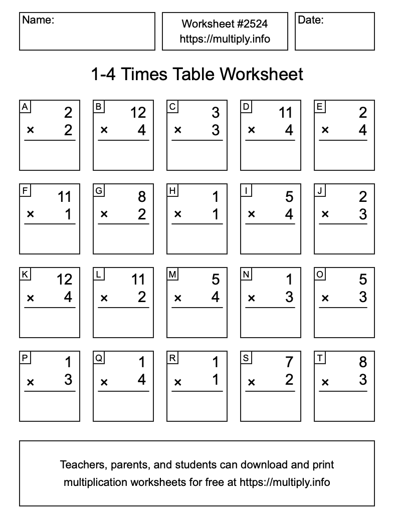 1 to 4 Times Table Worksheet #2524