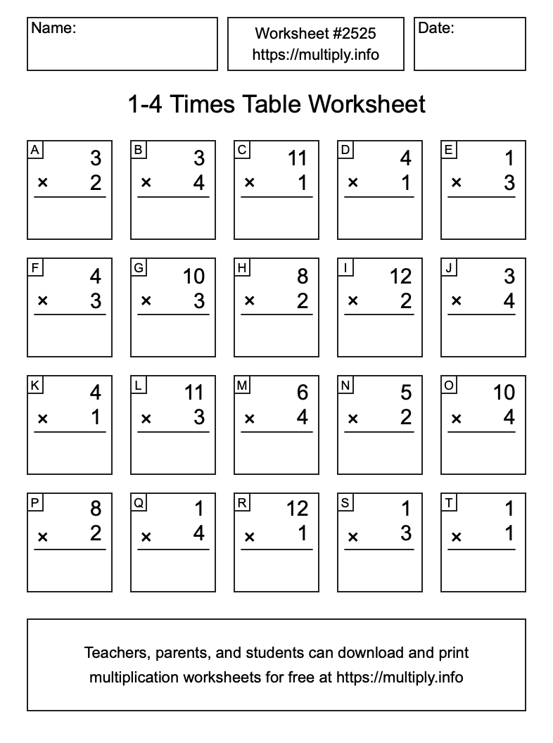 1 to 4 Times Table Worksheet #2525