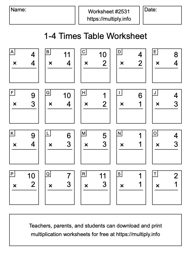 1 to 4 Times Table Worksheet #2531