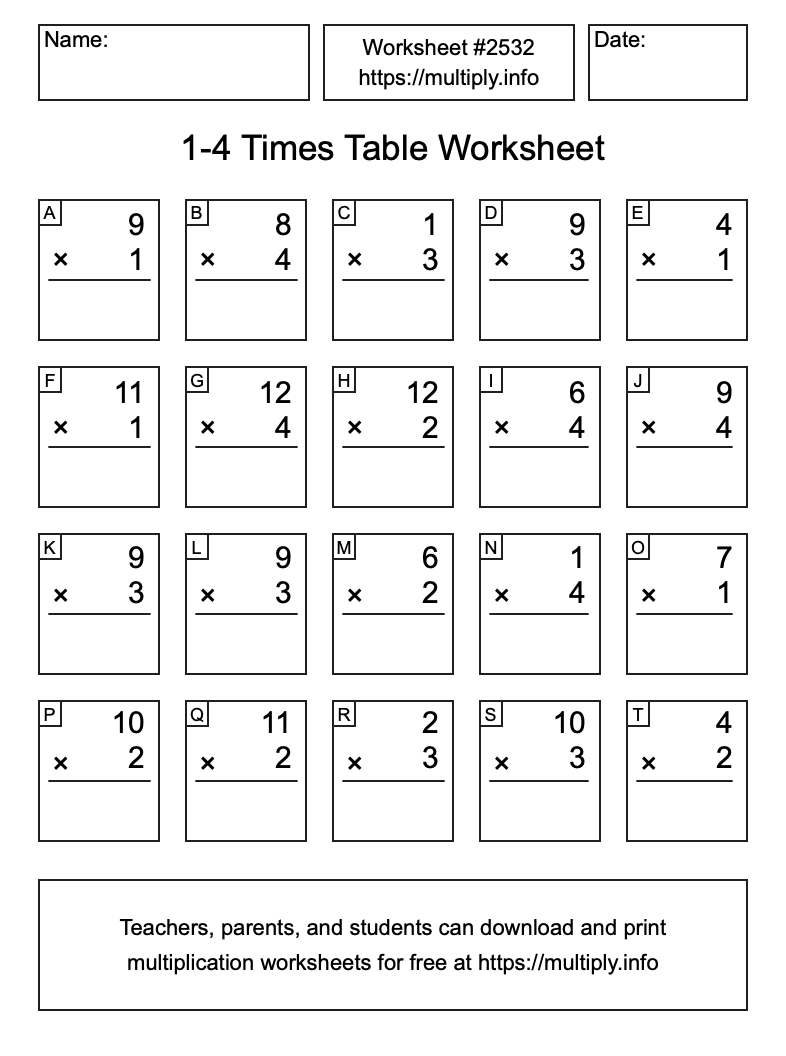 1 to 4 Times Table Worksheet #2532