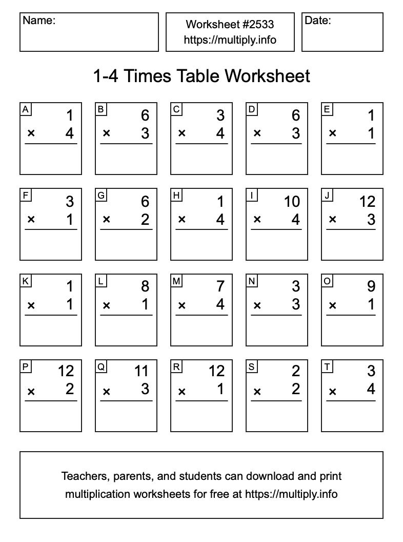 1 to 4 Times Table Worksheet #2533