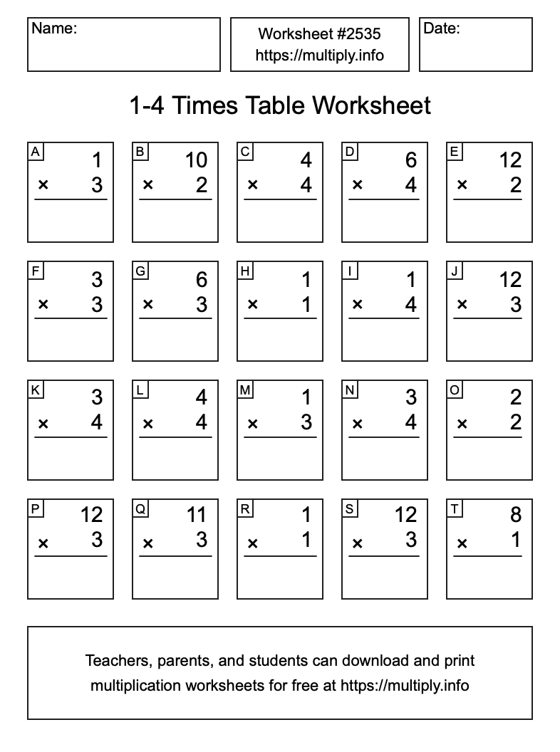 1 to 4 Times Table Worksheet #2535