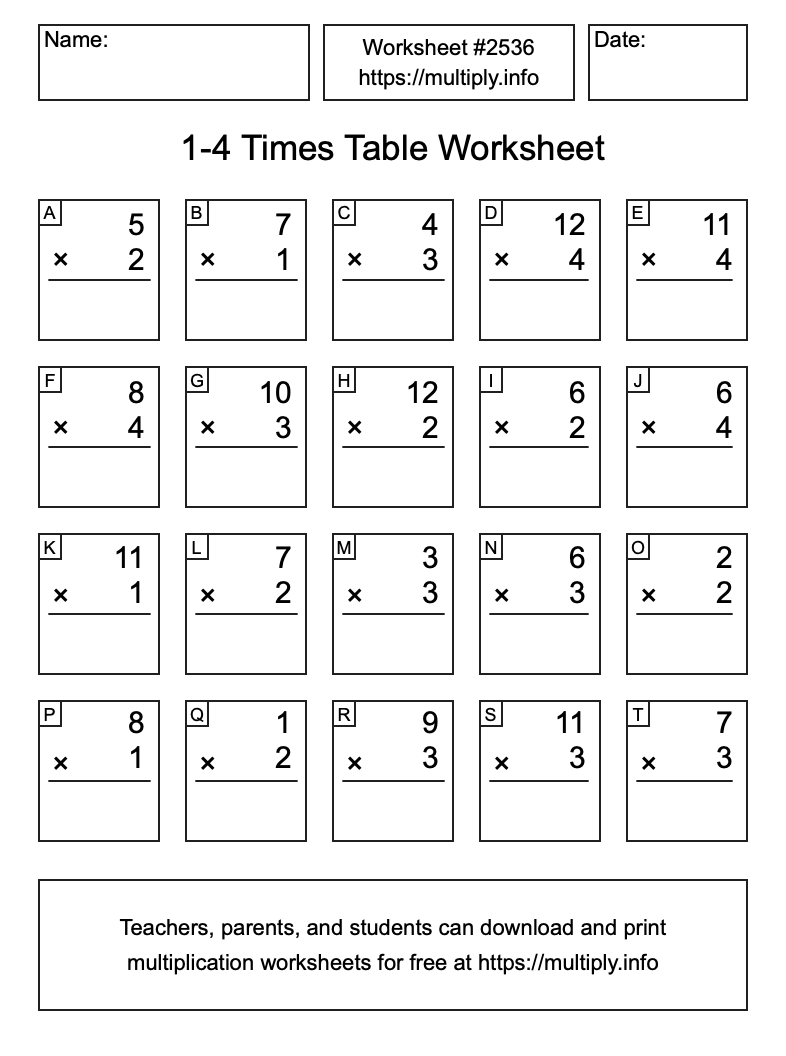 1 to 4 Times Table Worksheet #2536