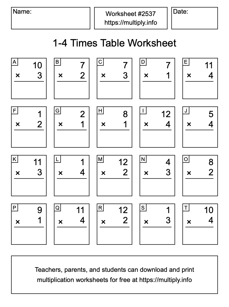 1 to 4 Times Table Worksheet #2537