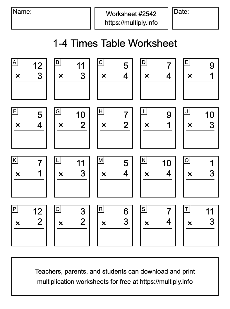 1 to 4 Times Table Worksheet #2542