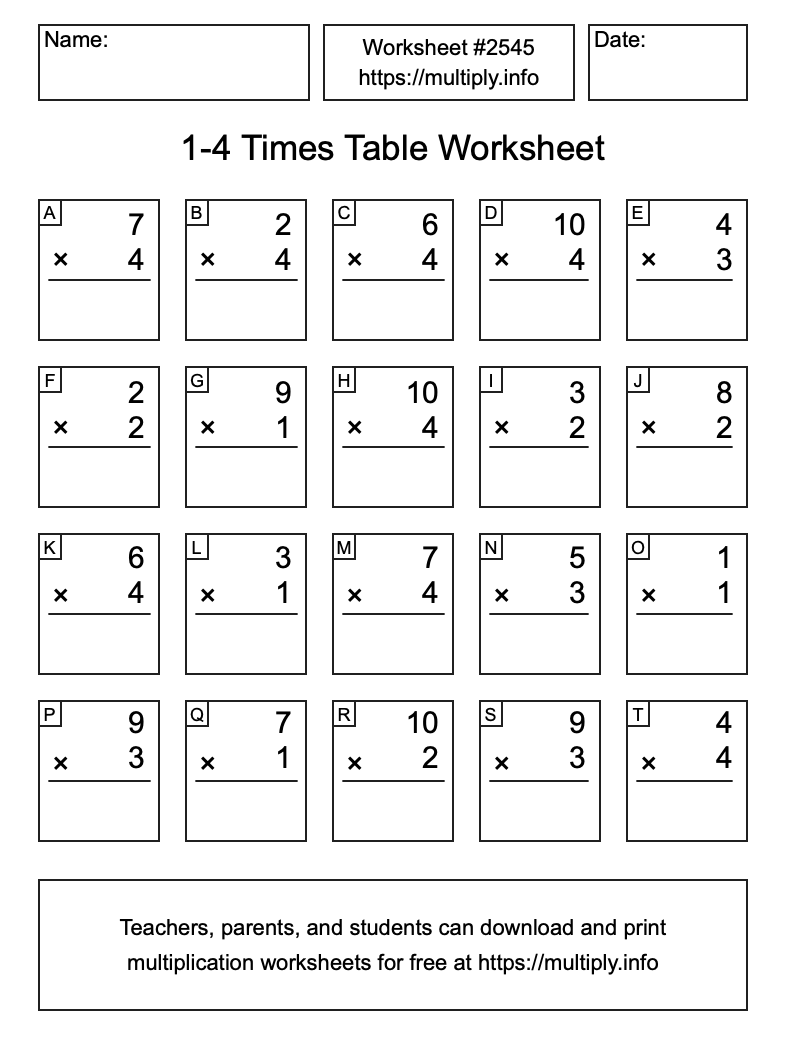 1 to 4 Times Table Worksheet #2545