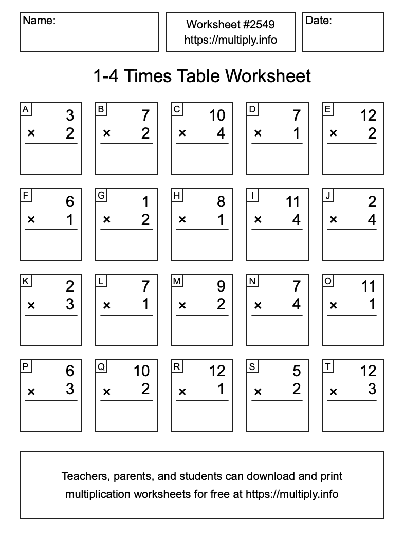 1 to 4 Times Table Worksheet #2549