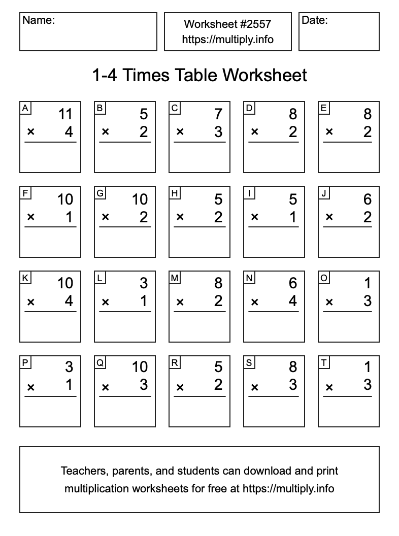 1 to 4 Times Table Worksheet #2557
