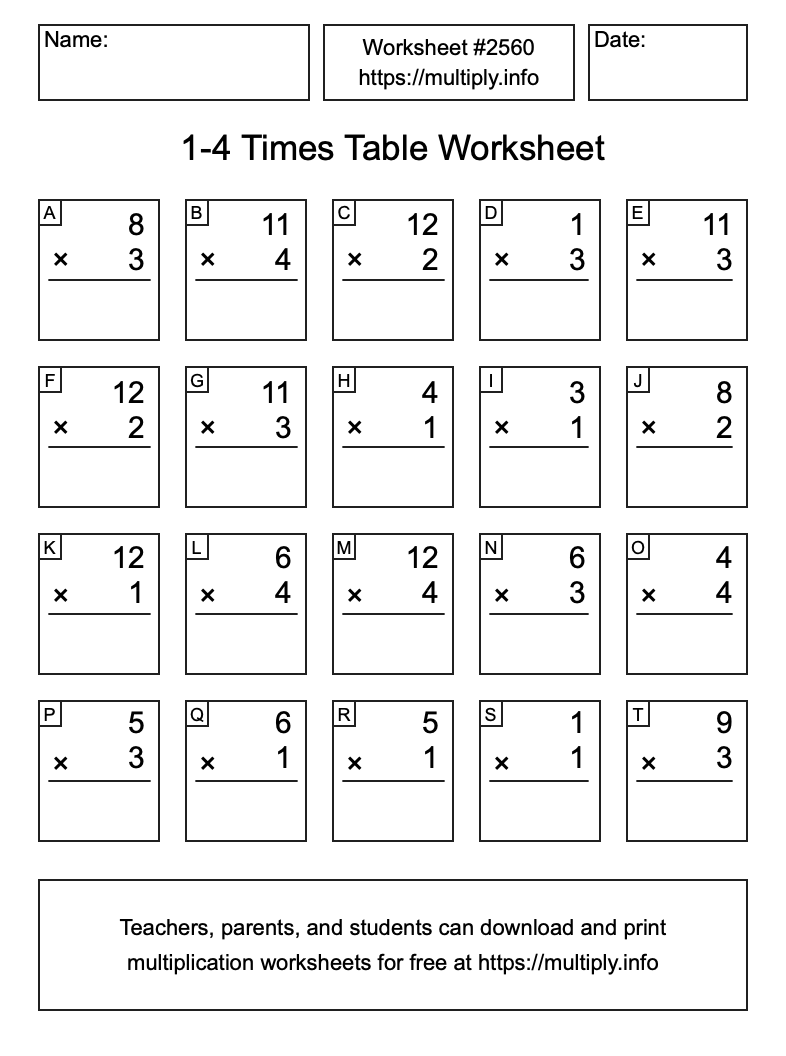 1 to 4 Times Table Worksheet #2560