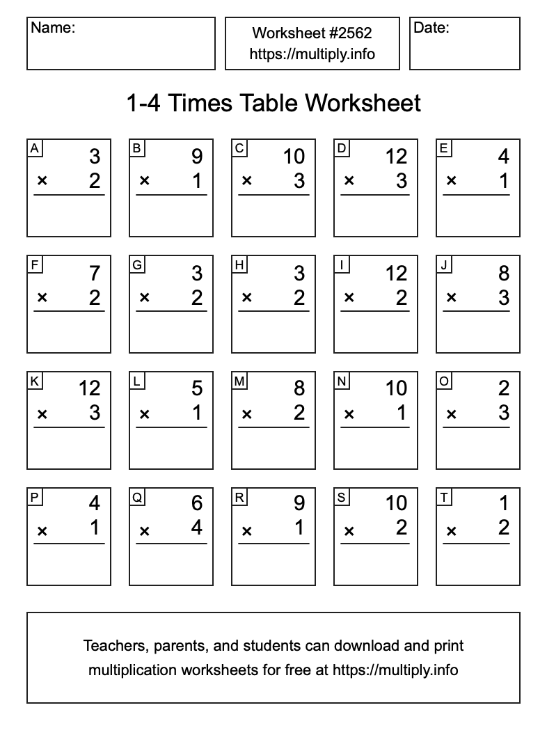 1 to 4 Times Table Worksheet #2562