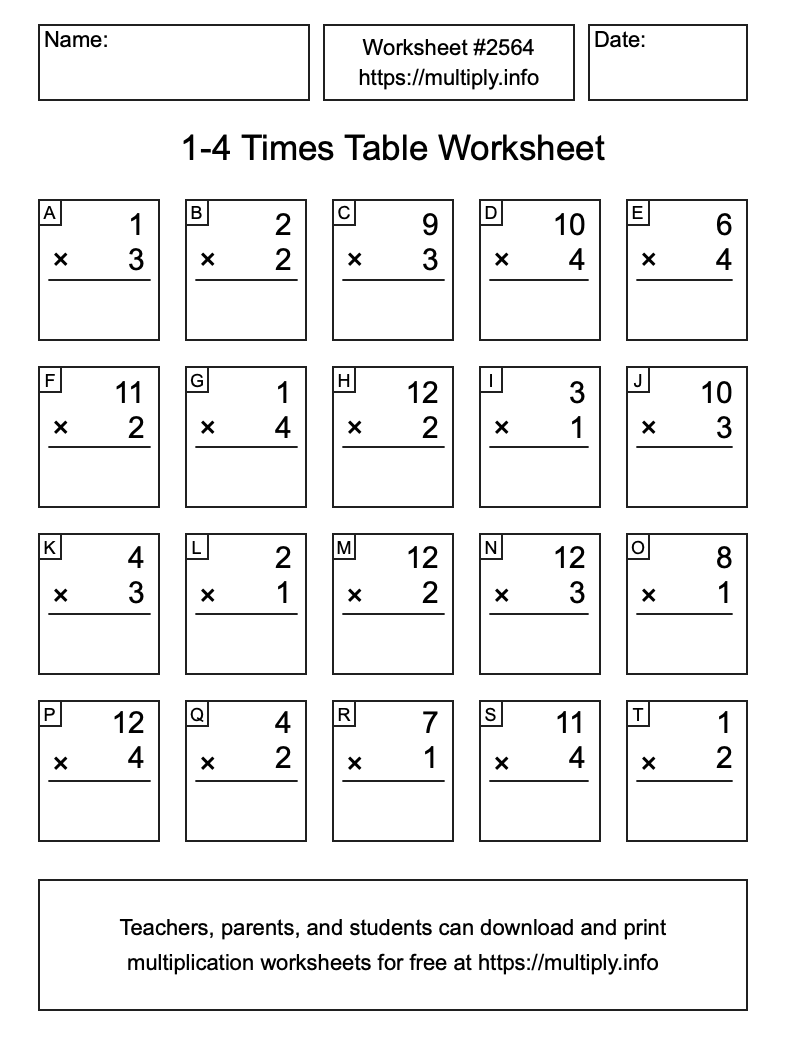 1 to 4 Times Table Worksheet #2564