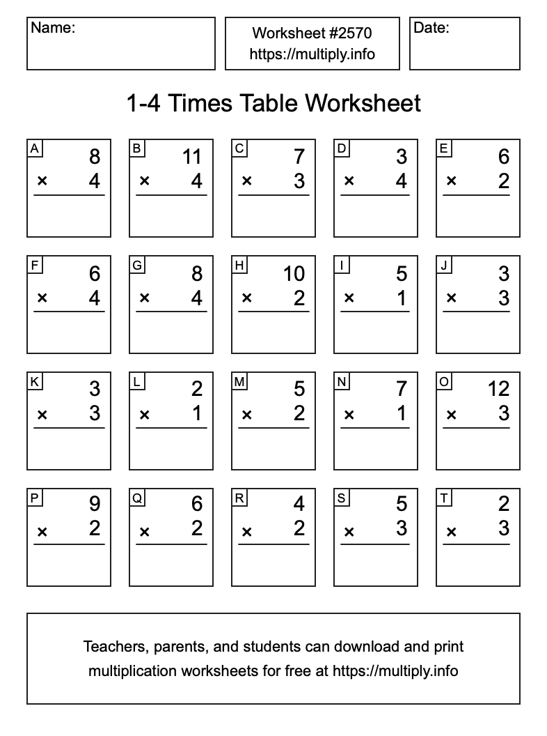 1 to 4 Times Table Worksheet #2570