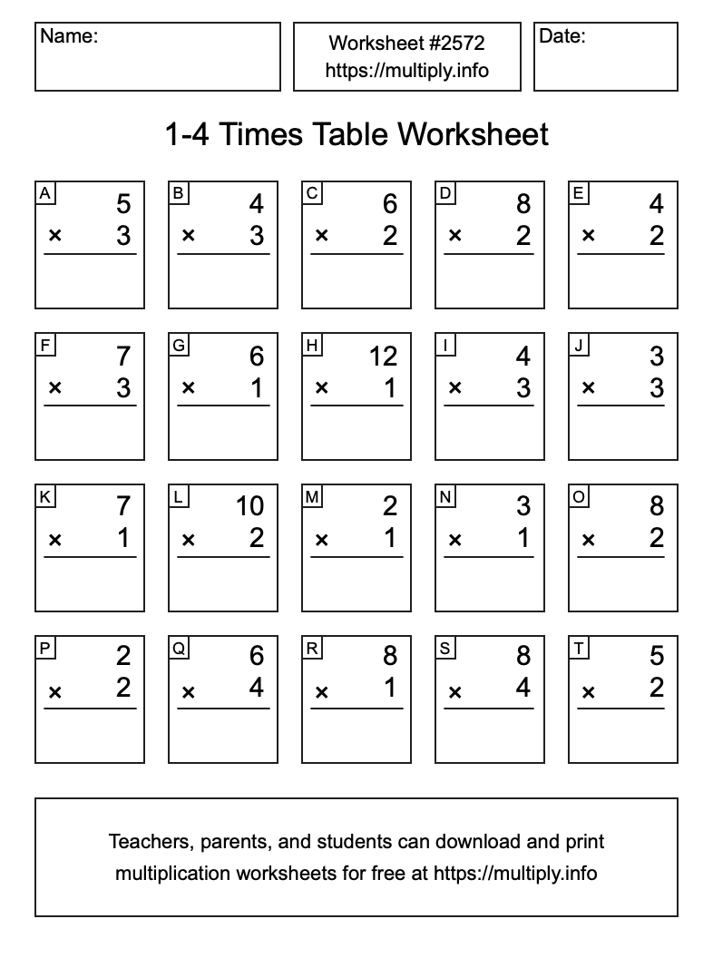 1 to 4 Times Table Worksheet #2572