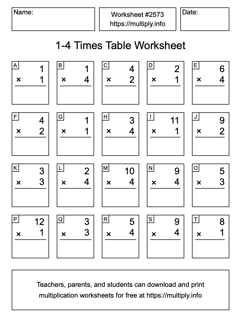 1 to 4 Times Table Worksheet #2573