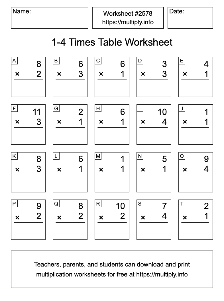 1 to 4 Times Table Worksheet #2578