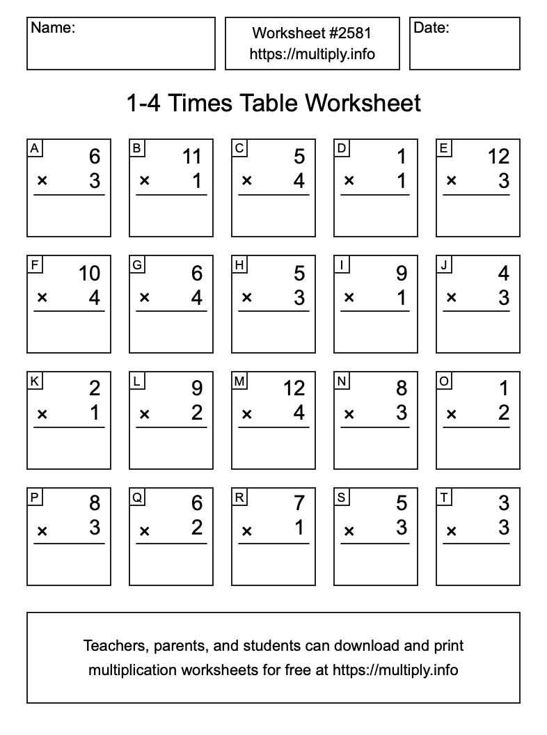 1 to 4 Times Table Worksheet #2581