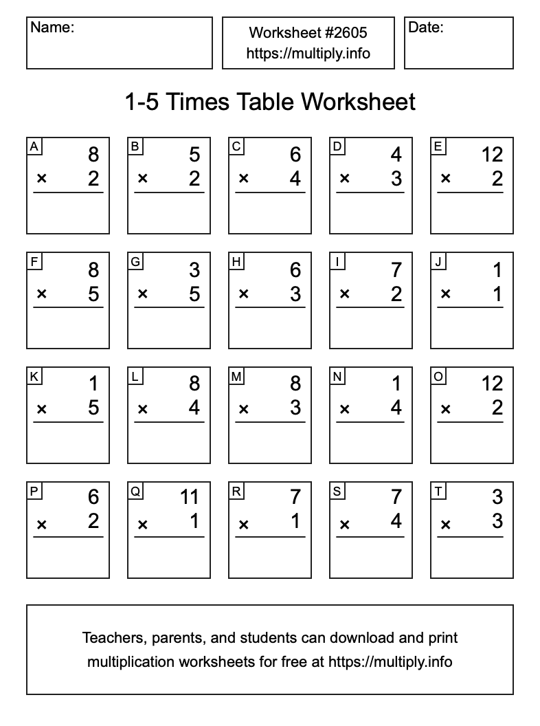 1 to 5 Times Table Worksheet #2605