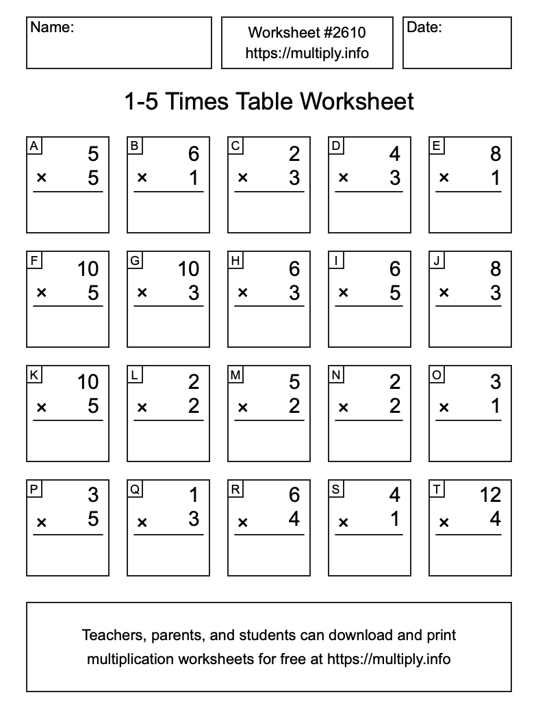 1 to 5 Times Table Worksheet #2610
