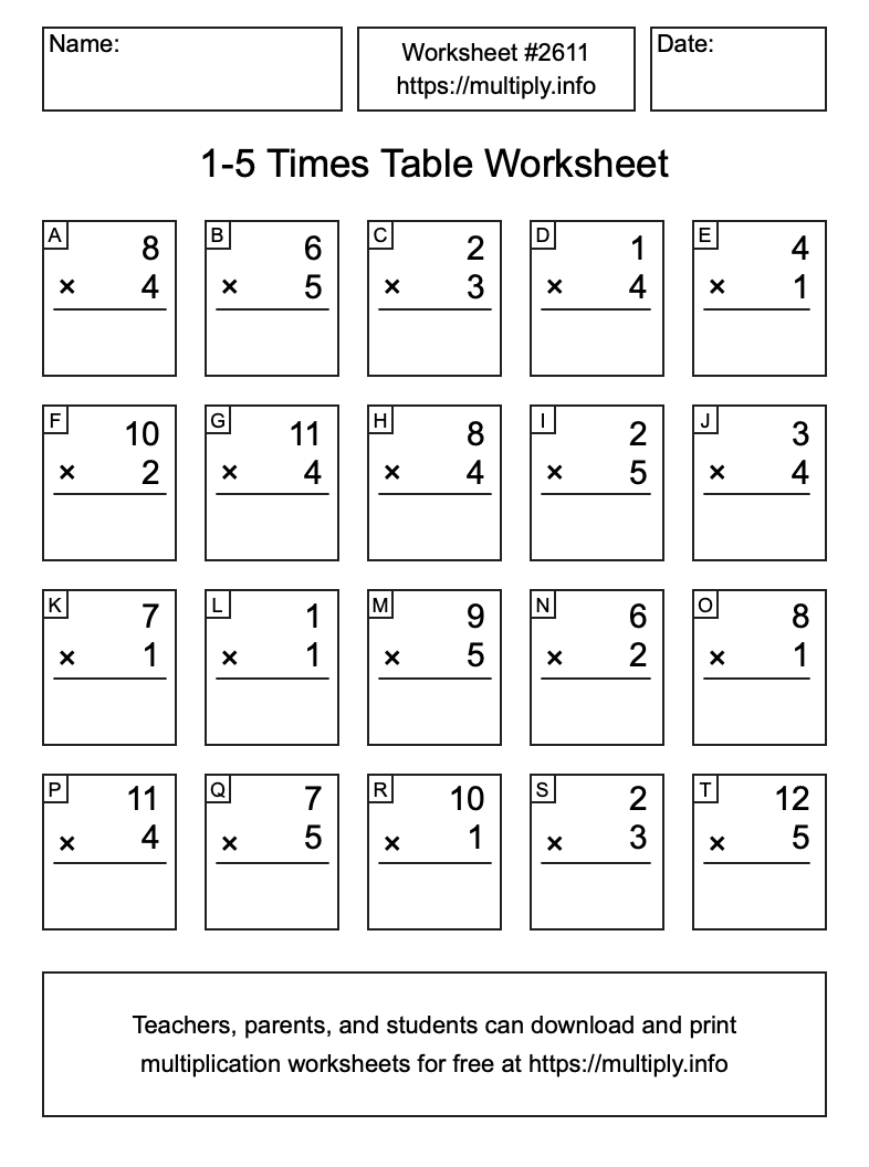 1 to 5 Times Table Worksheet #2611