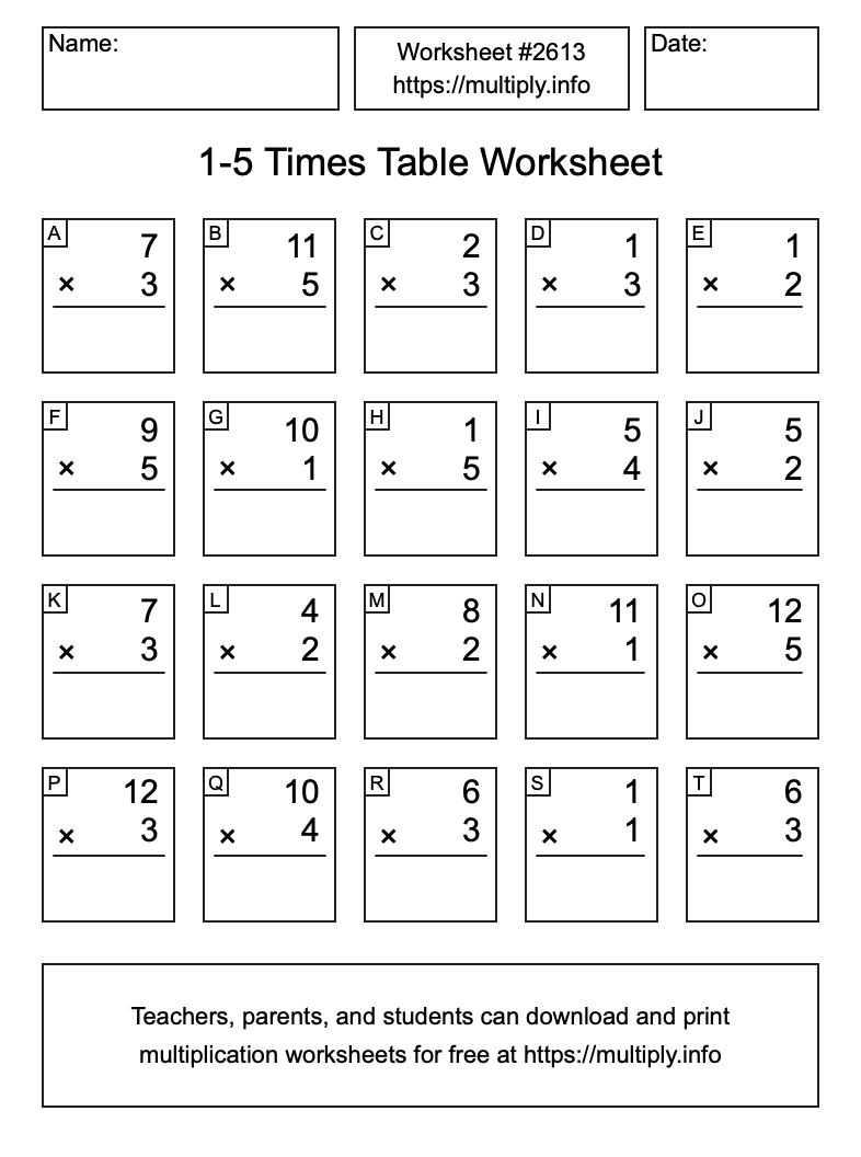 1 to 5 Times Table Worksheet #2613