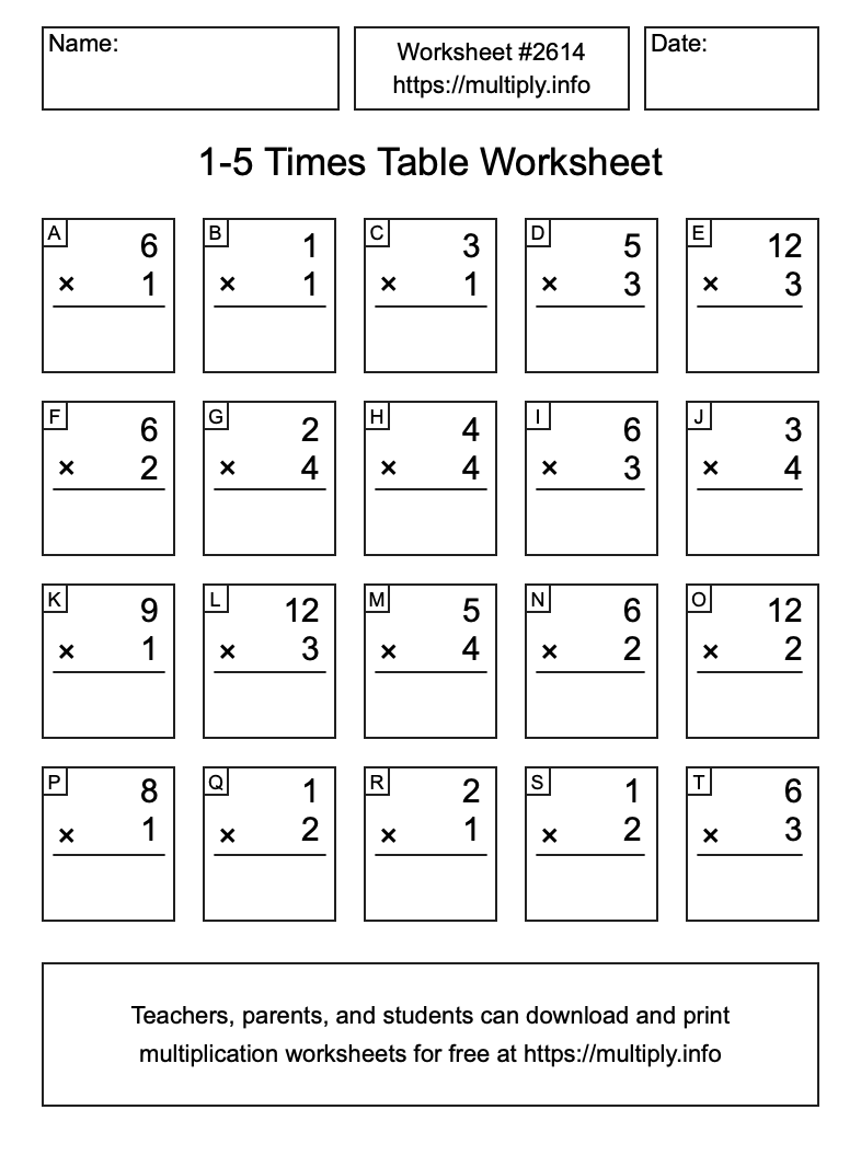 1 to 5 Times Table Worksheet #2614