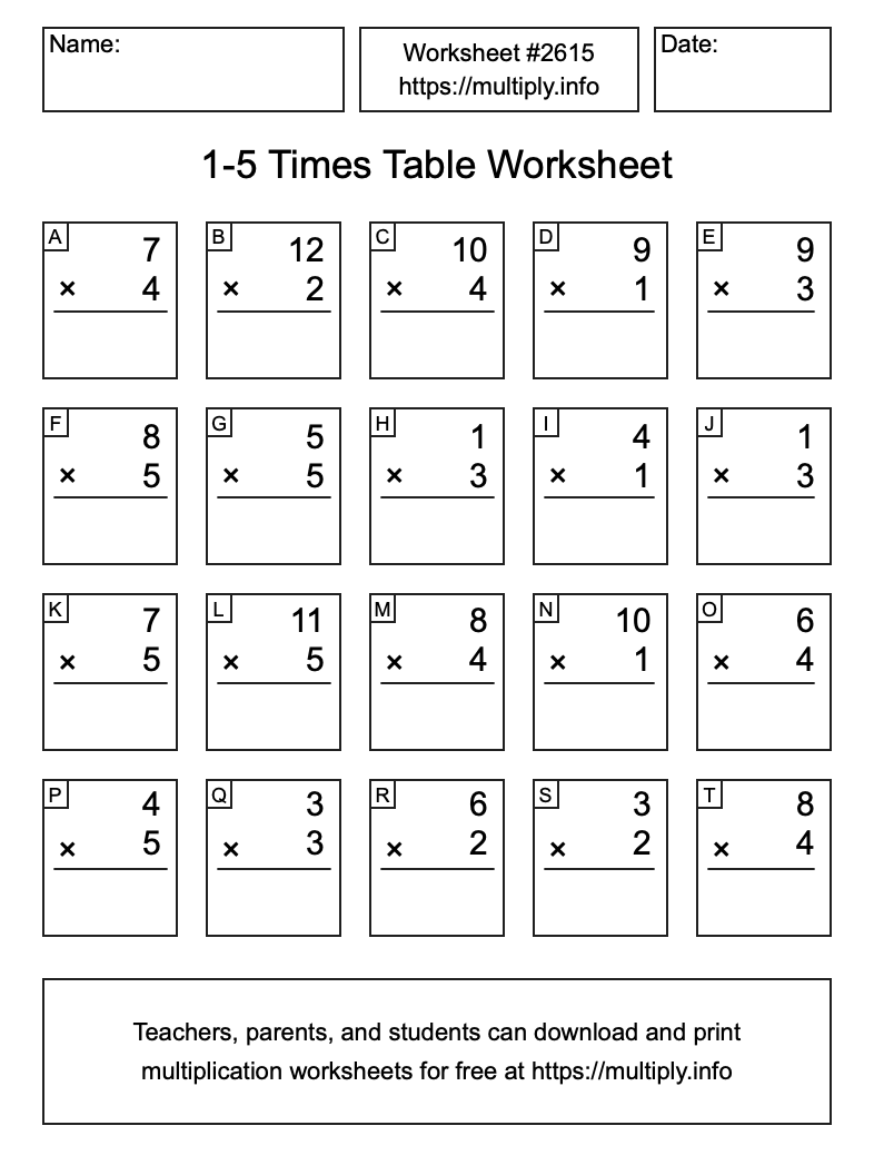 1 to 5 Times Table Worksheet #2615