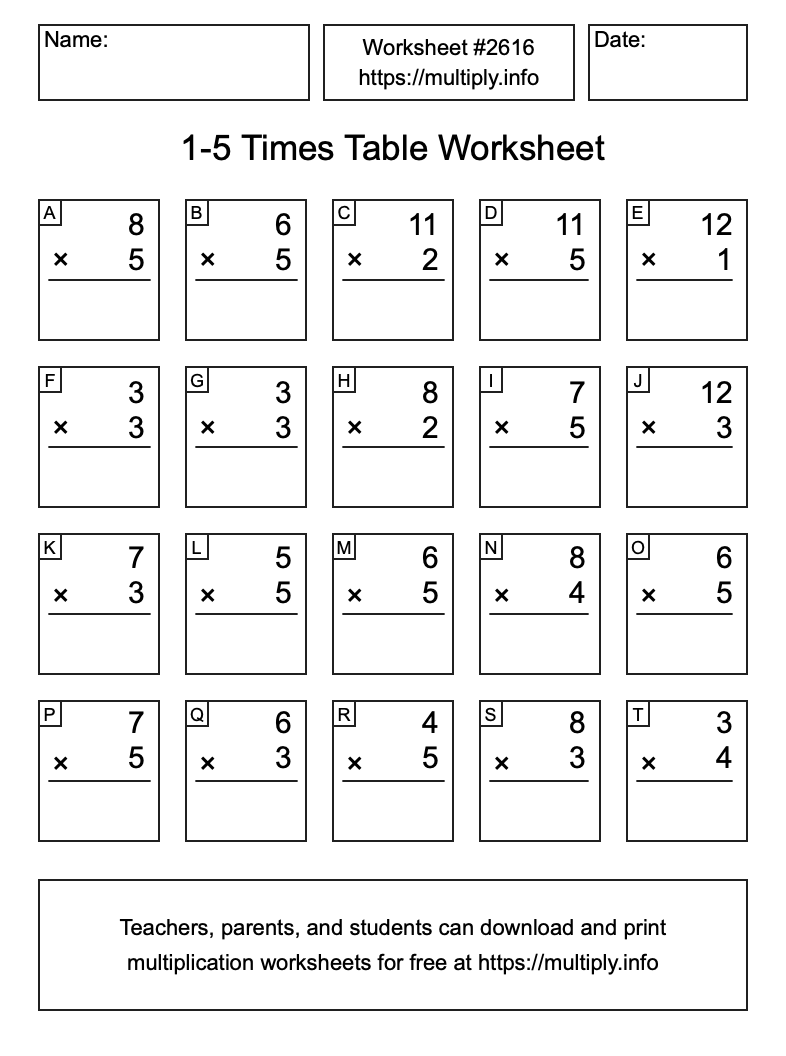 1 to 5 Times Table Worksheet #2616