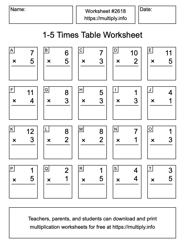1 to 5 Times Table Worksheet #2618
