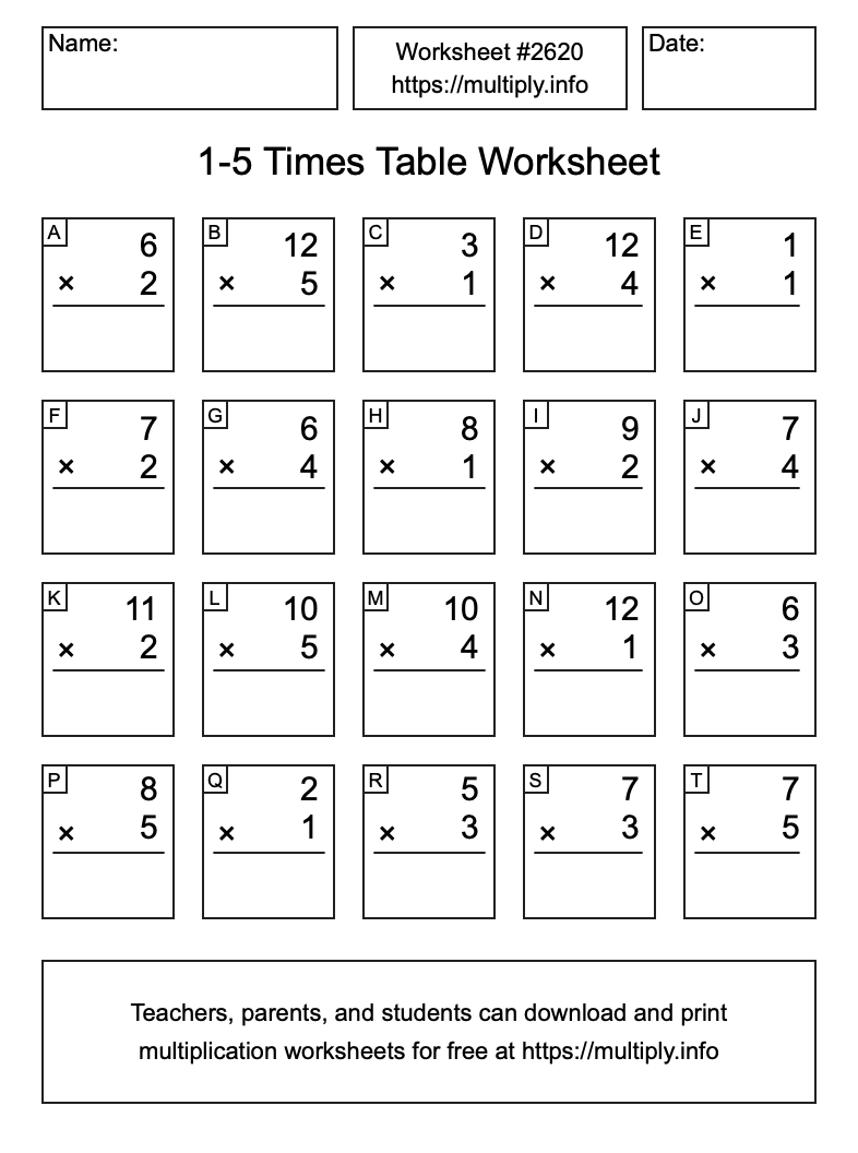 1 to 5 Times Table Worksheet #2620