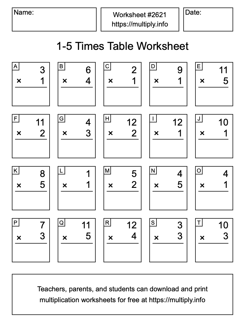 1 to 5 Times Table Worksheet #2621