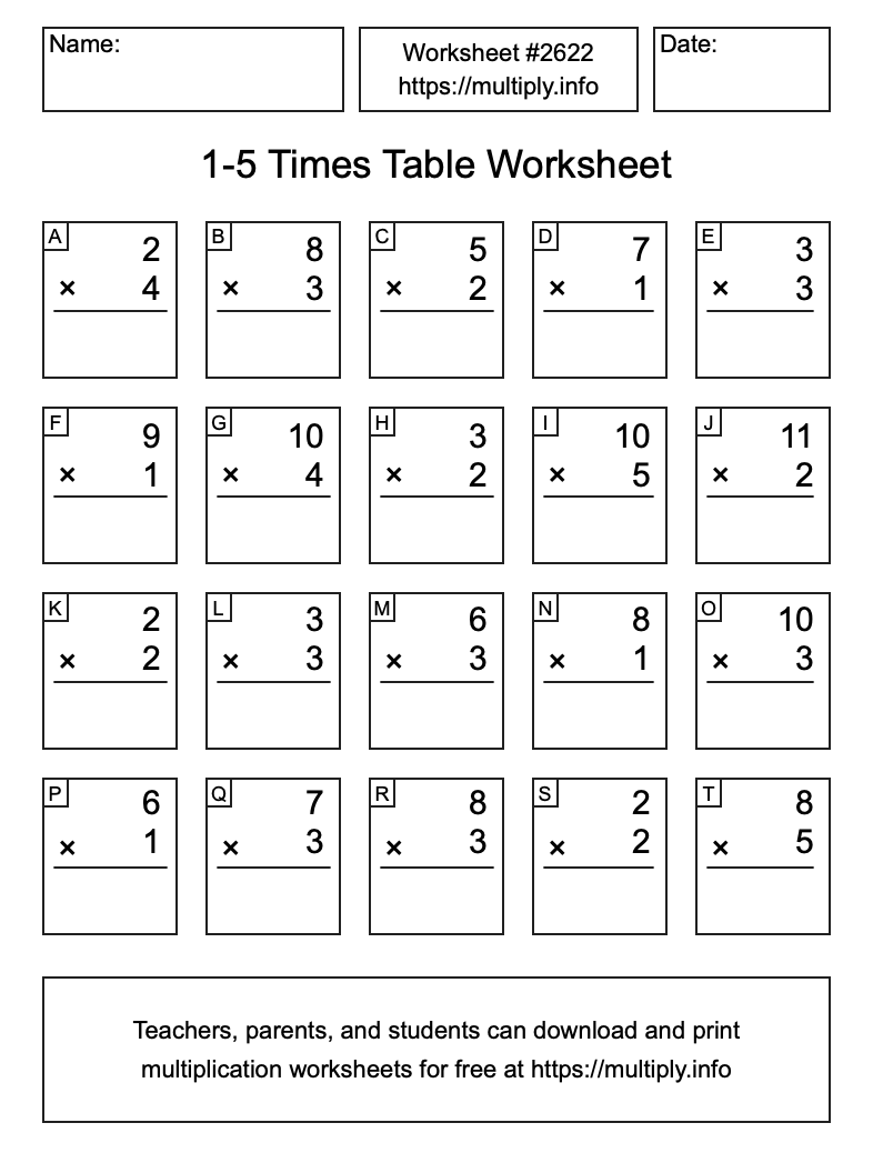 1 to 5 Times Table Worksheet #2622