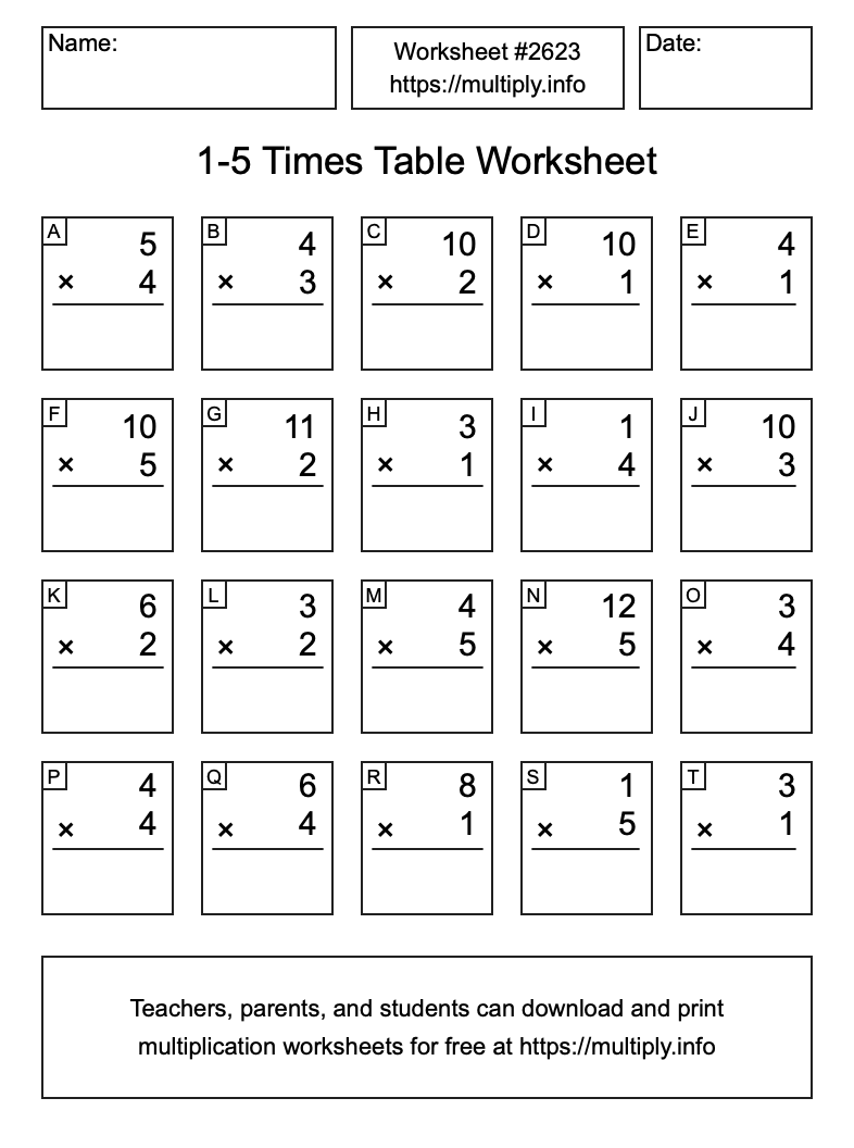1 to 5 Times Table Worksheet #2623
