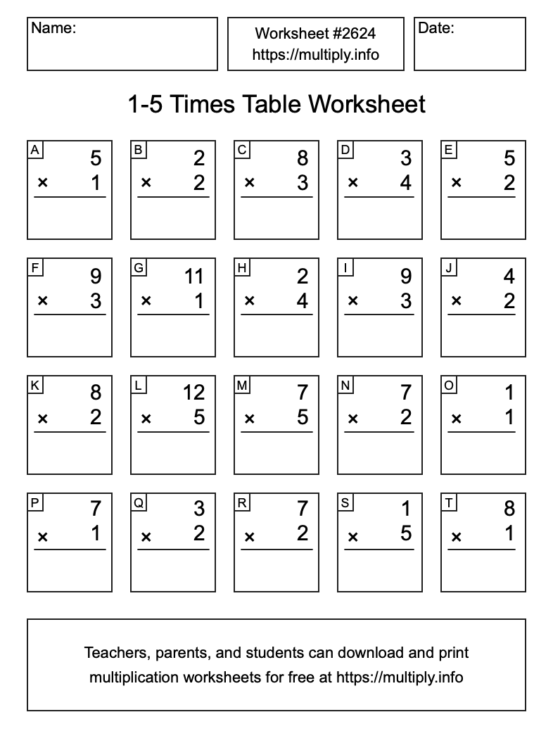 1 to 5 Times Table Worksheet #2624