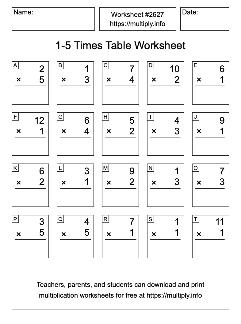 1 to 5 Times Table Worksheet #2627