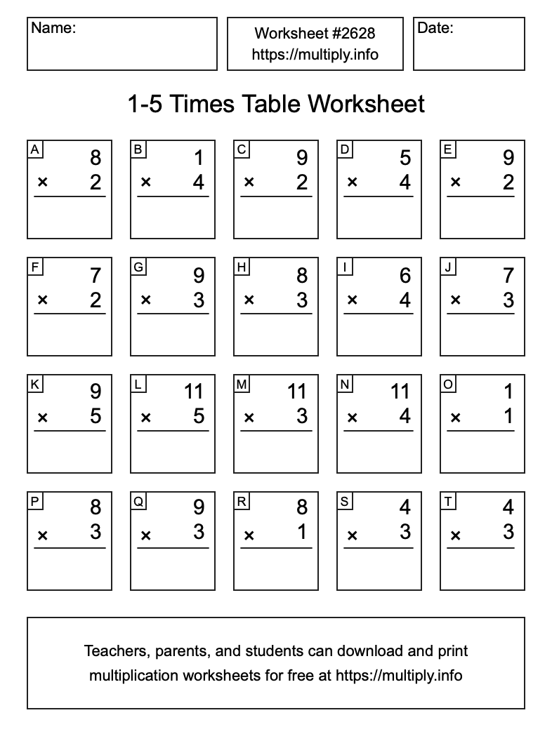 1 to 5 Times Table Worksheet #2628
