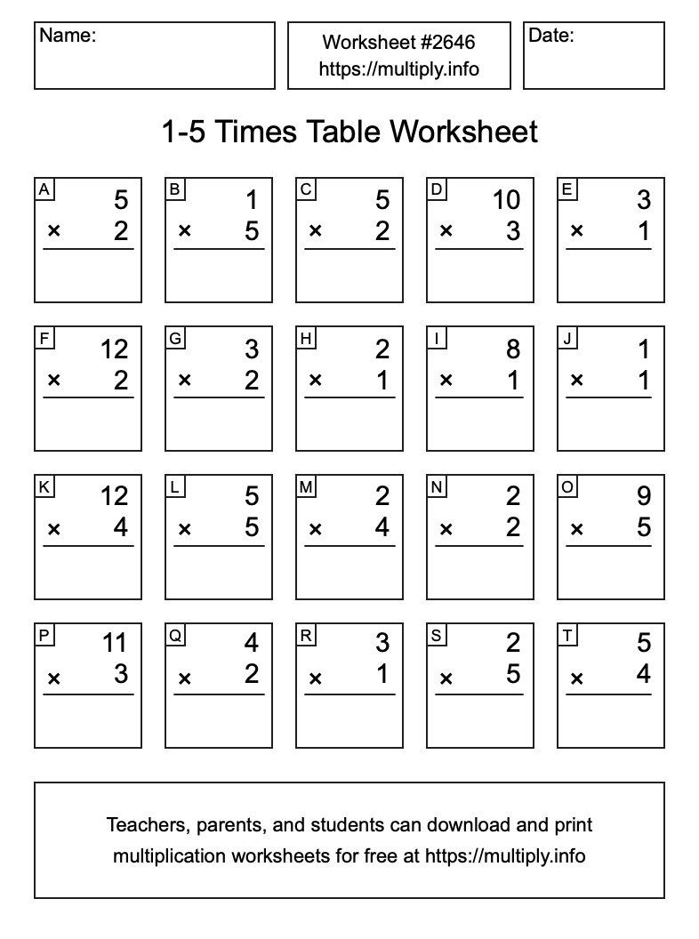 1 to 5 Times Table Worksheet #2646