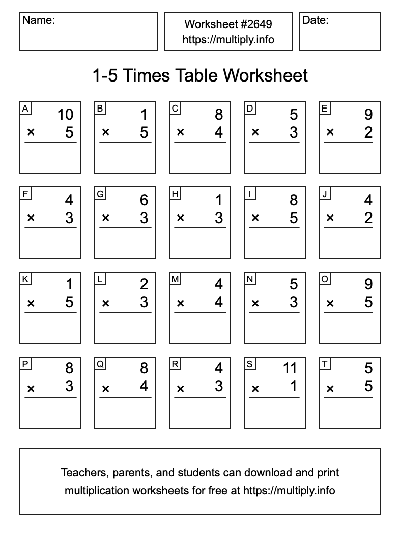 1 to 5 Times Table Worksheet #2649