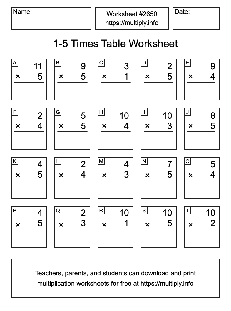 1 to 5 Times Table Worksheet #2650