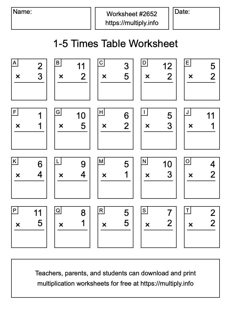 1 to 5 Times Table Worksheet #2652